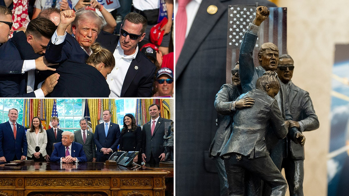 Sculpture depicting iconic Trump assassination attempt photo displayed in Oval Office  at george magazine