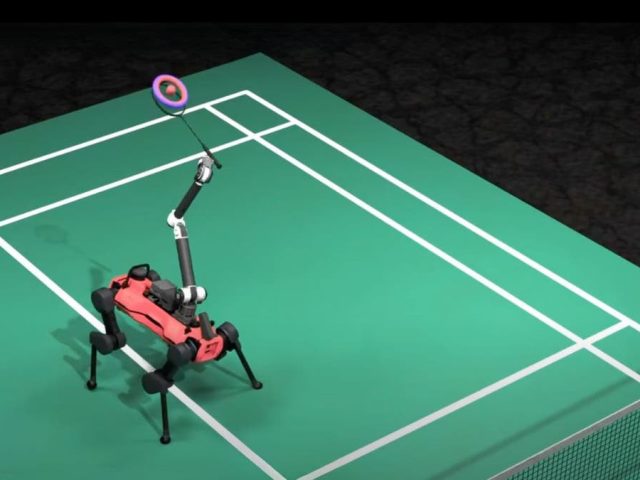 Quadruped robot plays badminton with you using AI