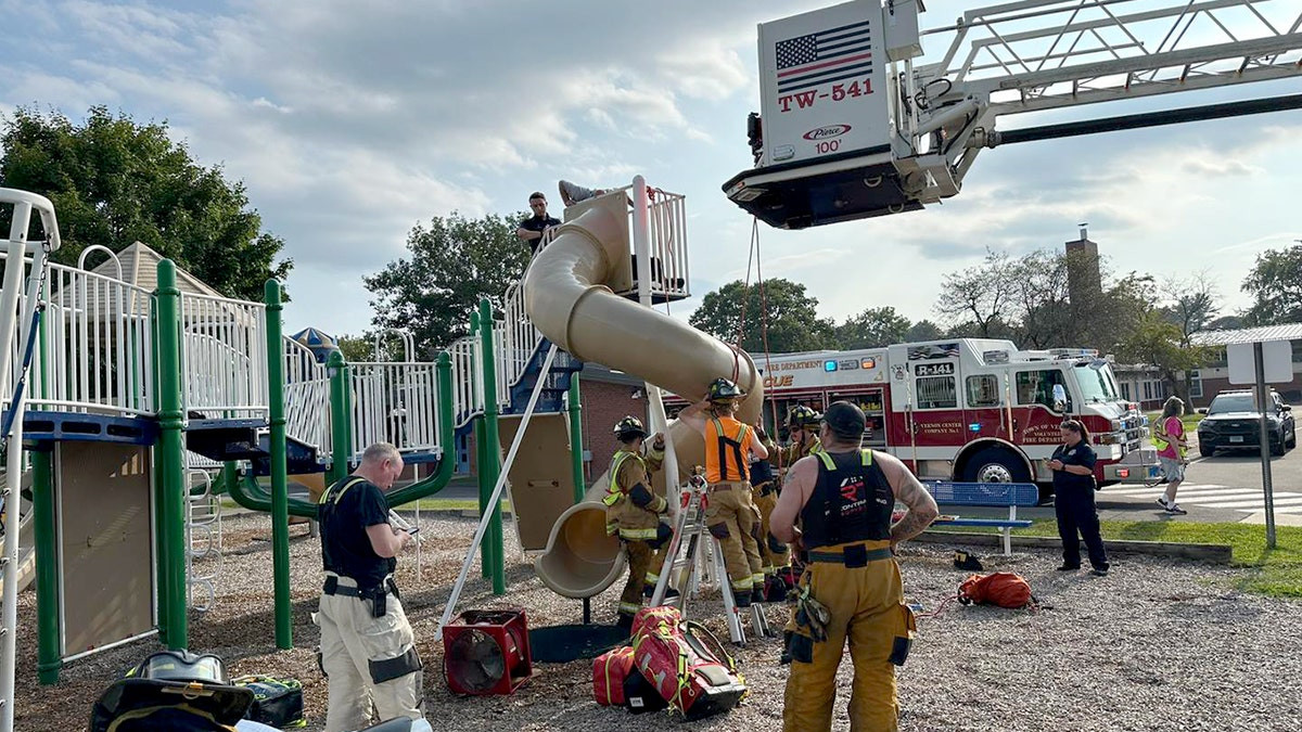 Firefighters cut open playground slide to rescue 40-year-old man stuck inside  at george magazine