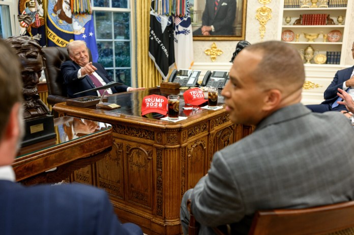 Trump posts photo of ‘Trump 2028’ hats at leadership meeting with Jeffries and Schumer  at george magazine