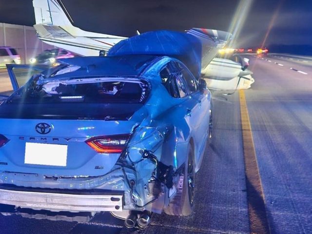 Plane crash-lands on top of Toyota on Florida freeway following engine trouble