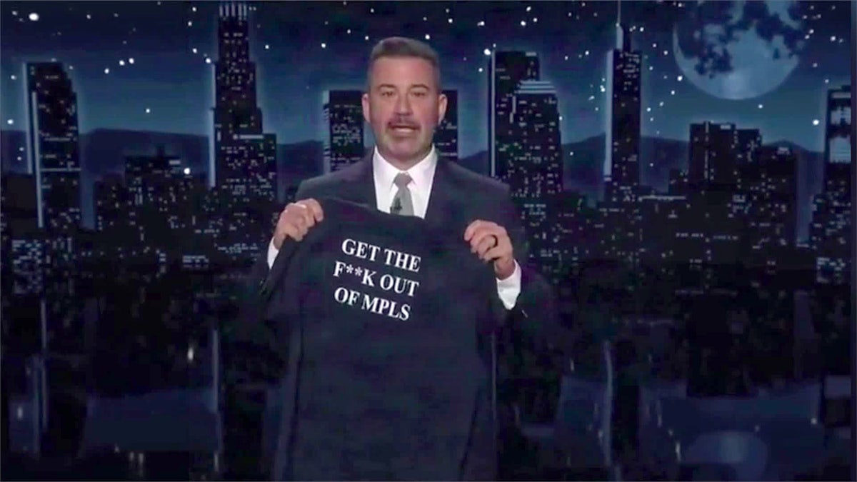 Jimmy Kimmel displays t-shirt with Minneapolis mayor's call for ICE to 'get the f--- out' of city at george magazine
