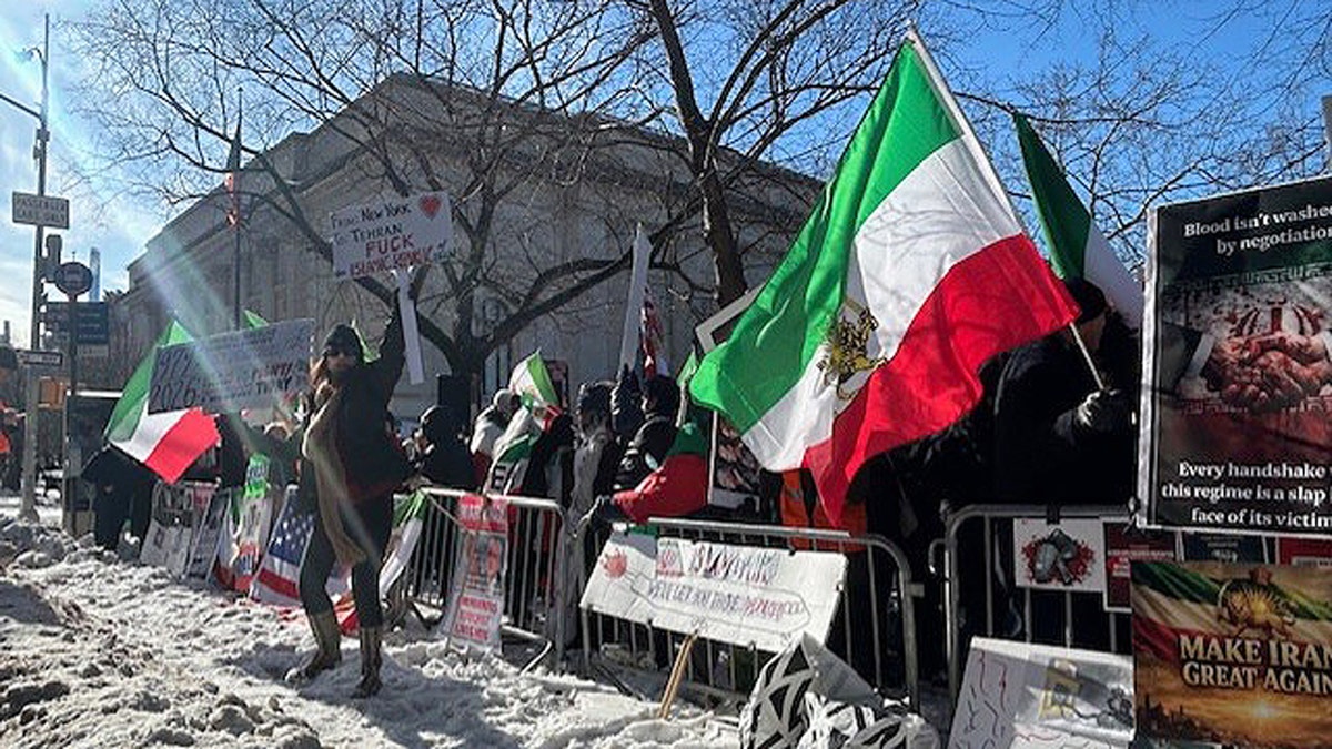 Hundreds rally outside Iranian UN ambassador's Fifth Avenue residence calling for regime change at george magazine