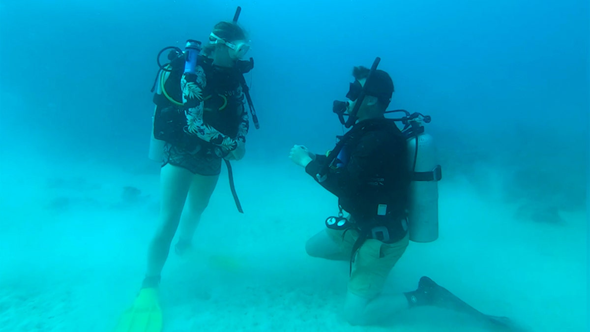 Diver drops to one knee 100 feet underwater in breathtaking Fiji shipwreck proposal at george magazine