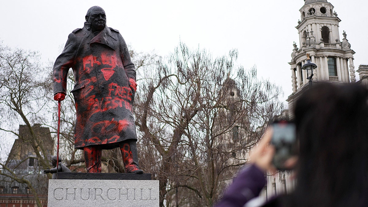 Churchill statue in London defaced with anti-Israel messages at george magazine
