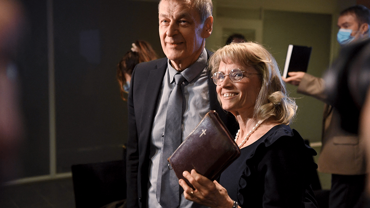 MP of the Finland's Christian Democrats Paivi Rasanen holds a bible as she speaks to media ahead of a court session at the Helsinki District Court in Helsinki, Finland on January 24, 2022. - The trial against former interior minister and Christian Democrats leader Paivi Rasanen over four charges of incitement against a minority group has started on January 24, 2022. - Finland OUT (Photo by Antti Aimo-Koivisto / Lehtikuva / AFP) / Finland OUT (Photo by ANTTI AIMO-KOIVISTO/Lehtikuva/AFP via Getty Images)
