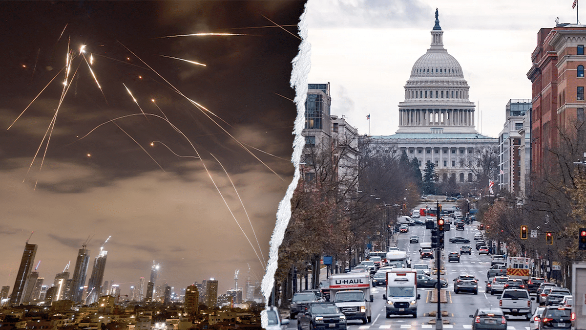 A split image depicting an Iranian missile barrage on Tel Aviv and the U.S. Capitol building in Washington, D.C.