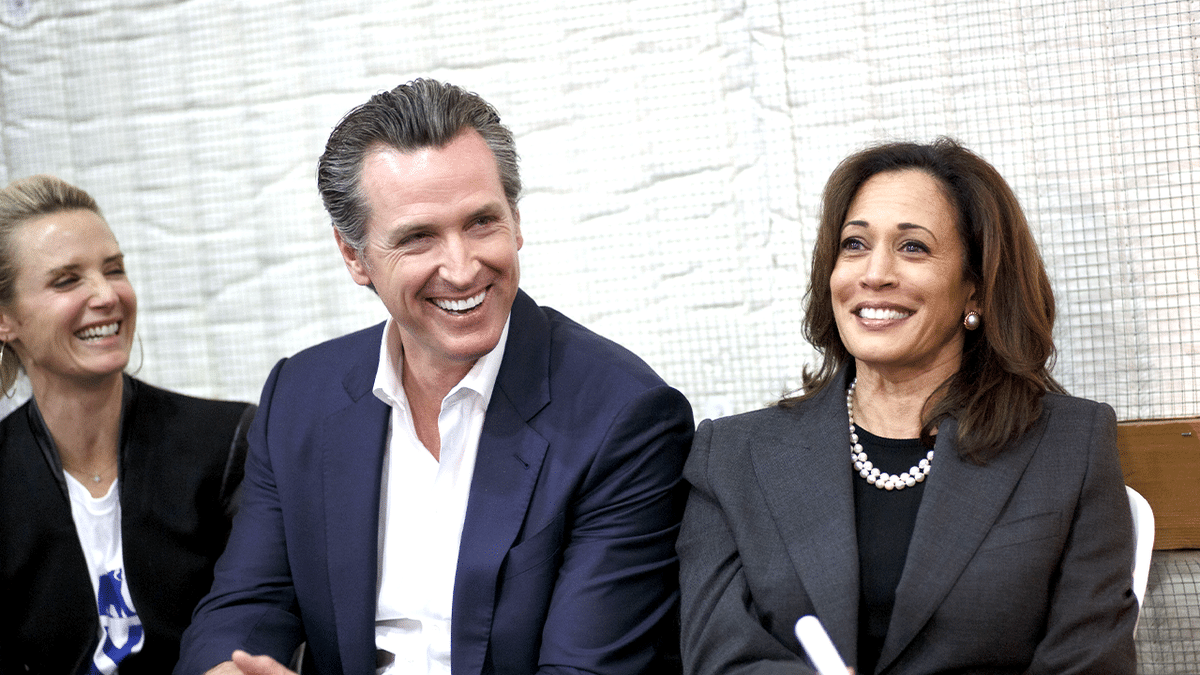 Harris and Newsom smiling during 2018 campaign event