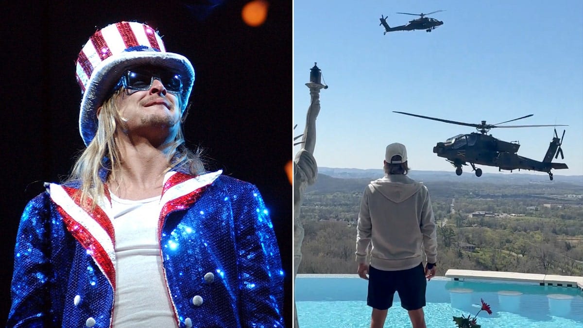 Kid Rock sports patriotic threads on stage, stands by his pool.