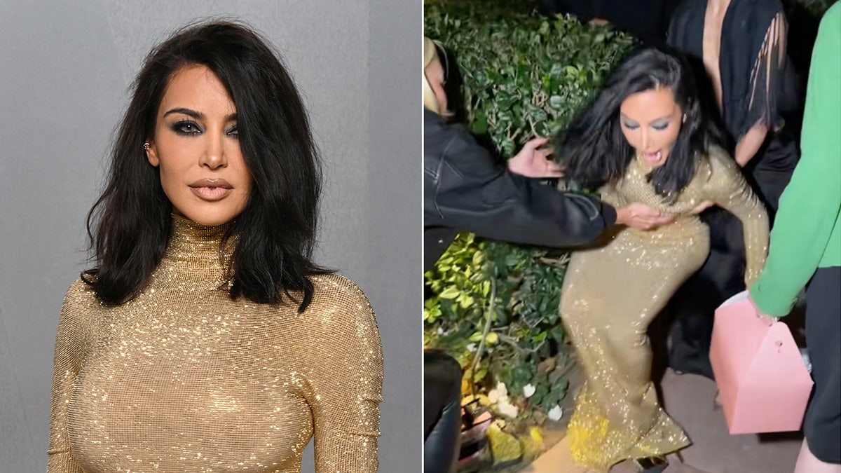 Kim Kardashian’s gold Gucci gown moment turns chaotic after stumble into bush at george magazine