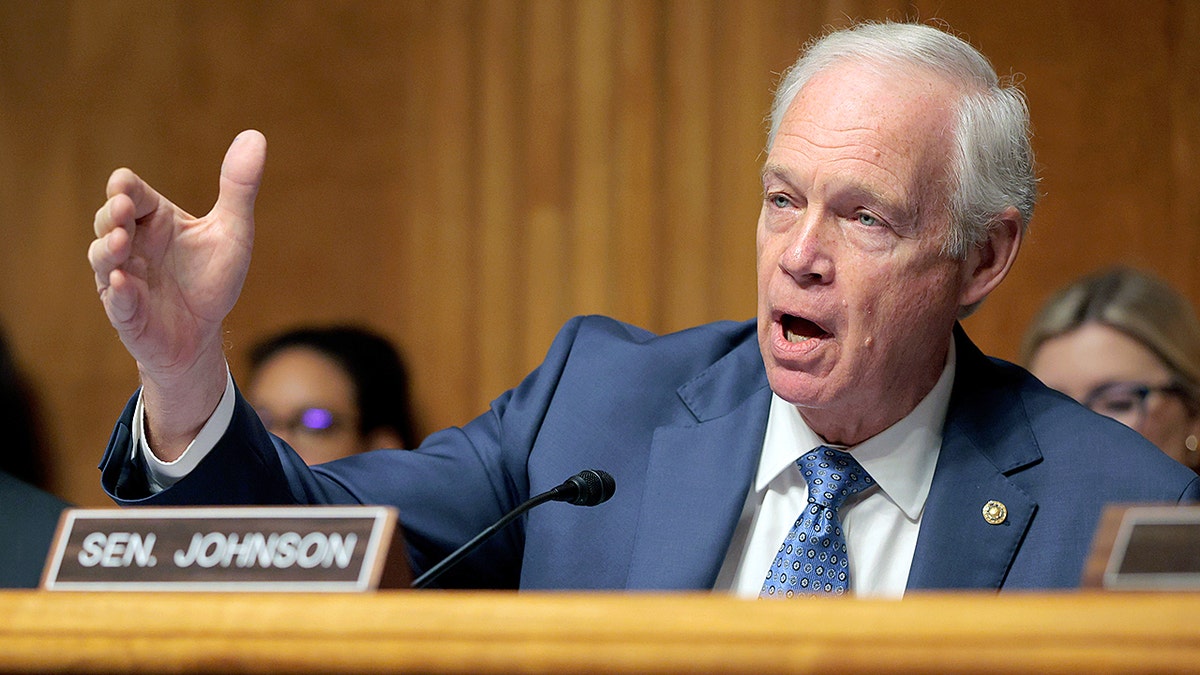 Ron Johnson speaking at a podium during a Senate committee hearing in a wood-paneled room.