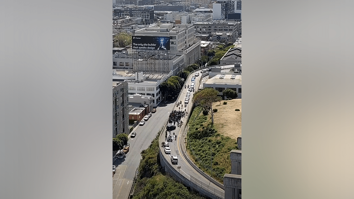 Aerial view of bike mob swarming ramp during Bay Bridge takeover attempt