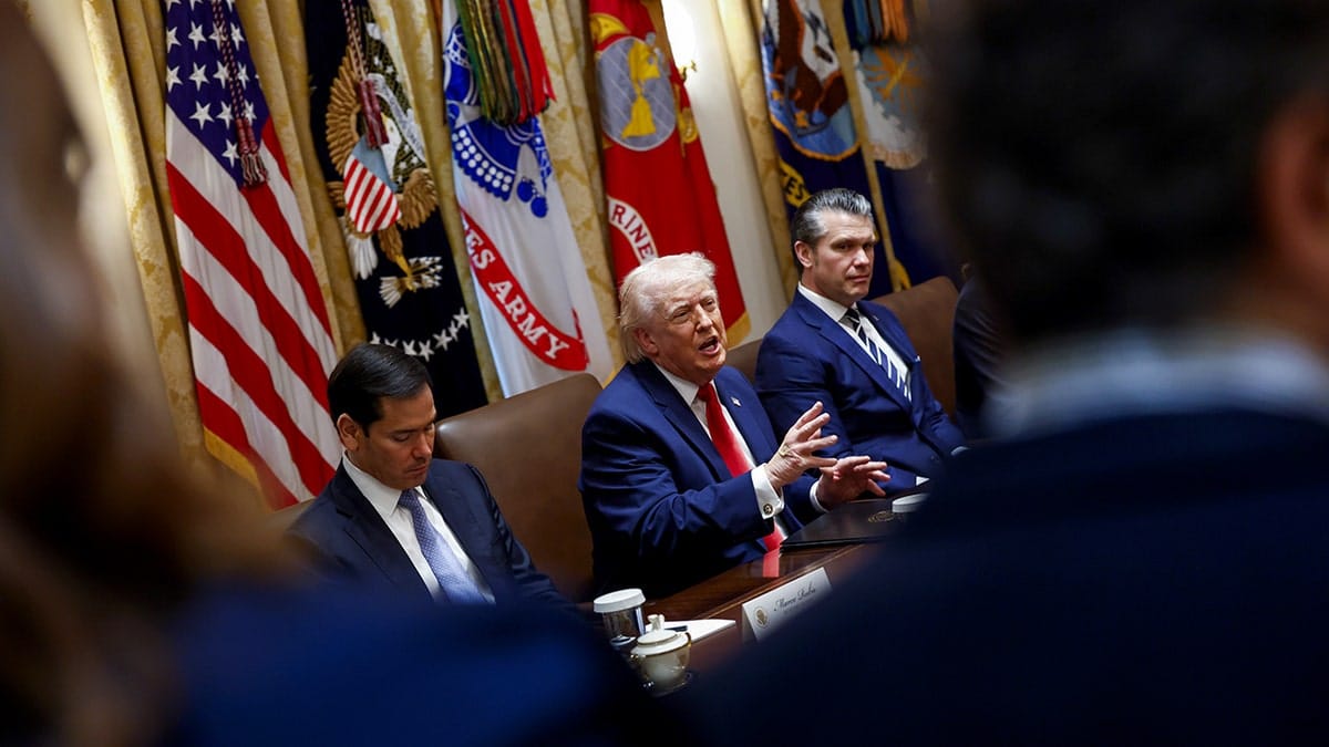 Trump speaks during a cabinet meeting next to Pete Hegseth and Marco Rubio.