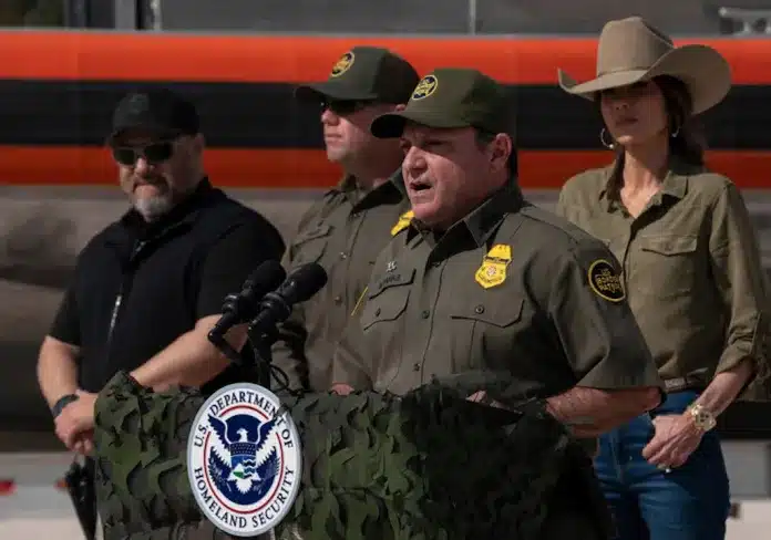 Chief of Border Patrol Michaels Banks addresses the media during a visit by U.S. Secretary of Homeland Security Kristi Noem on Wednesday, Jan. 7, 2026, in Brownsville, Texas. (AP Photo/Gabriel V. Cardenas)