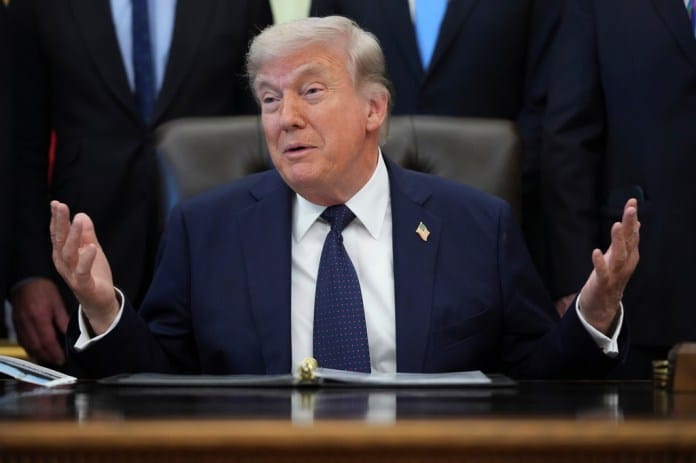 President Donald Trump speaks during an event on health care affordability in the Oval Office at the White House, Thursday, April 23, 2026, in Washington.