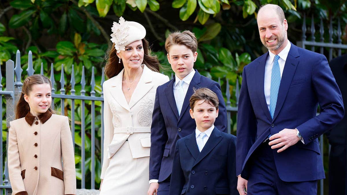 The royal family attending Easter Sunday service at St. George's Chapel in formal wear.