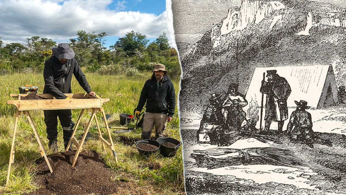 Split image of archaeologists, depiction of Port Famine