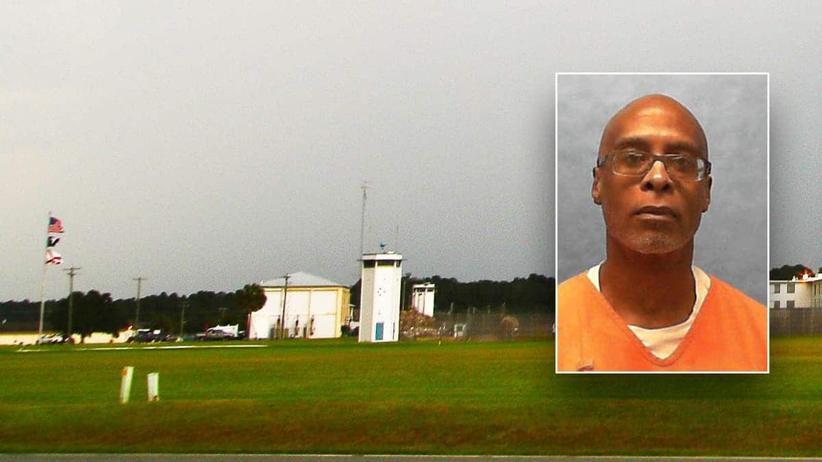 Storm clouds form over Florida State Prison. Inset: Chadwick Scott Willacy, a bald black man wearing reading glasses and an orange prison jumpsuit.