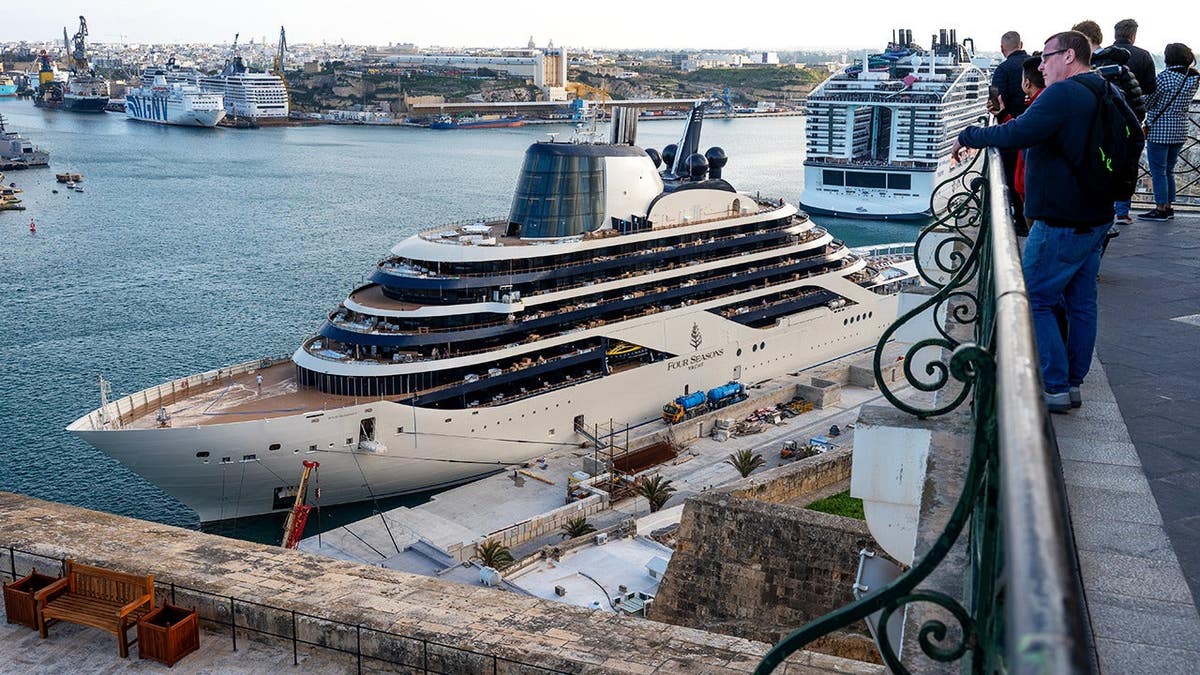 A general view of the Four Seasons Yachts 1 cruise ship docked at the Valletta Cruise Port in the Grand Harbour on March 4, 2026 in Valletta, Malta.