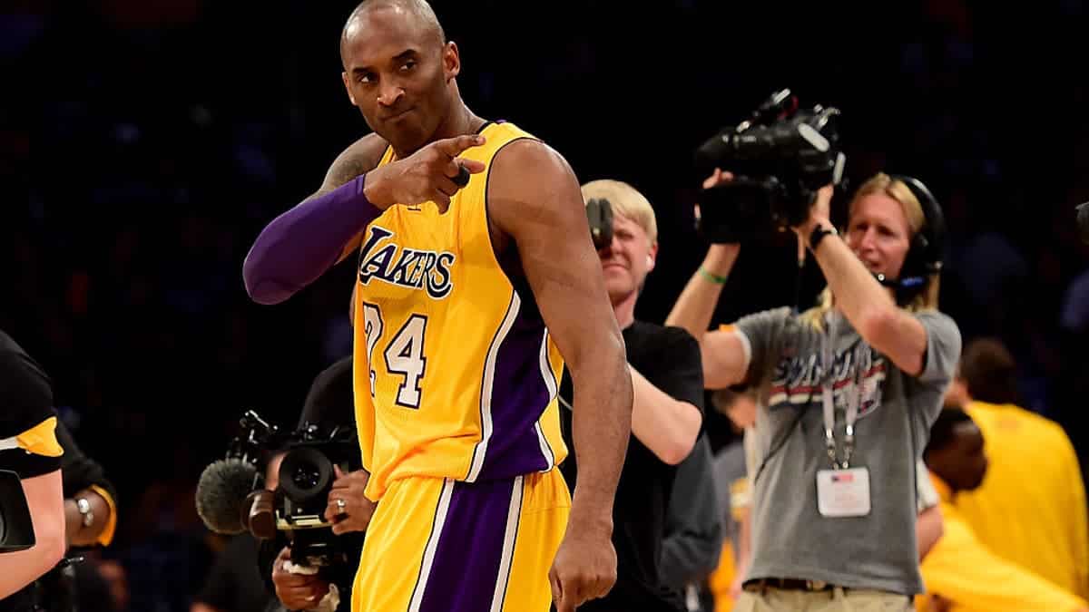 Kobe Bryant of the Los Angeles Lakers reacts before taking on the Utah Jazz at Staples Center on April 13, 2016 in Los Angeles, California.