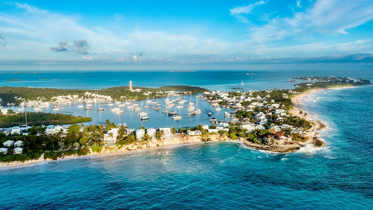 Aerial view of Hope Town, Great Abaco Island, Bahamas.
