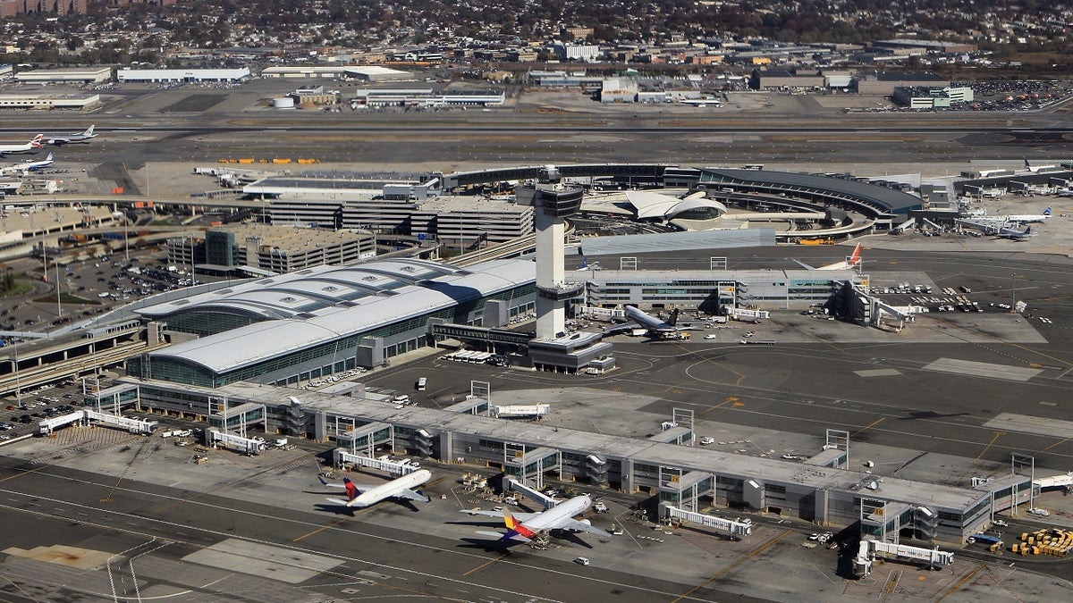 Aerial view of John F Kennedy International Airport showing Terminal 7