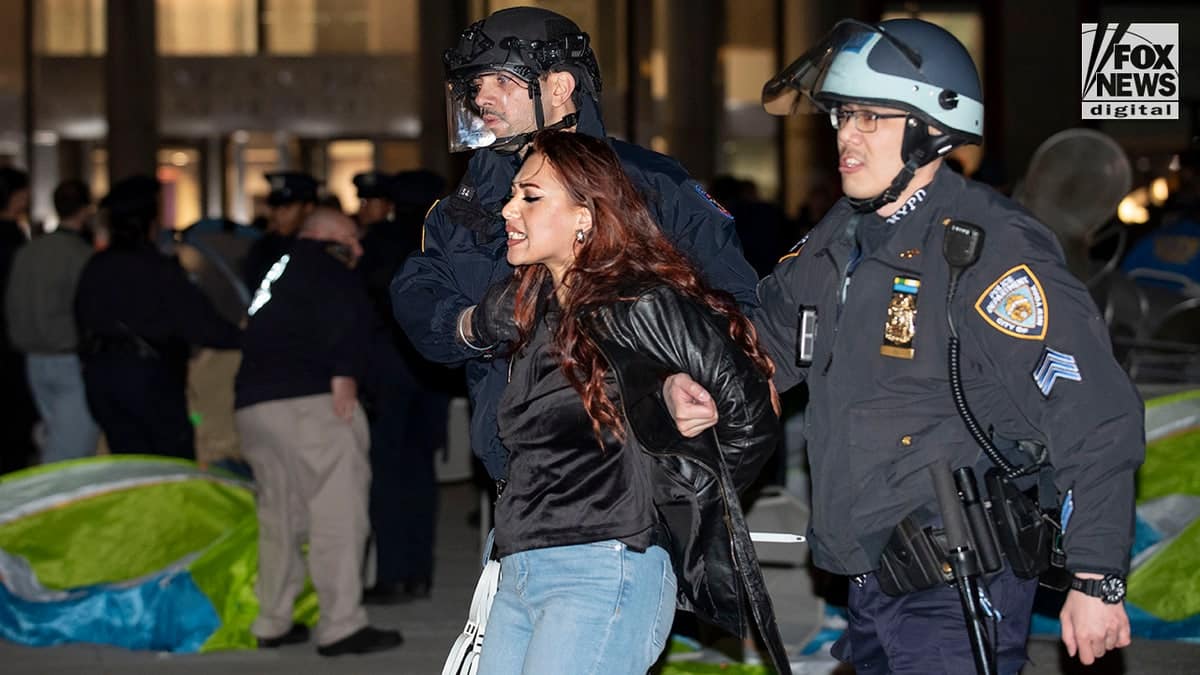 Hundreds of anti-Israel agitators stage a demonstration outside of NYU’s Stern School of Business in Manhattan