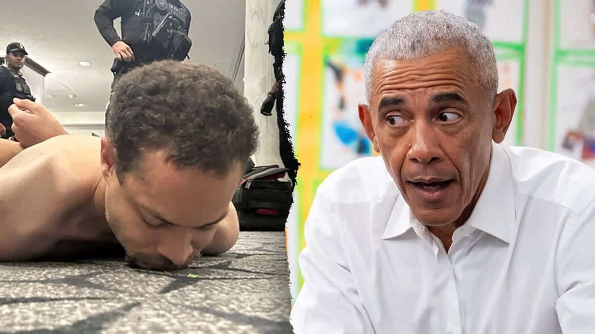 Split image of a man lying face down on the ground with police officers nearby and former President Barack Obama speaking in a separate photo.