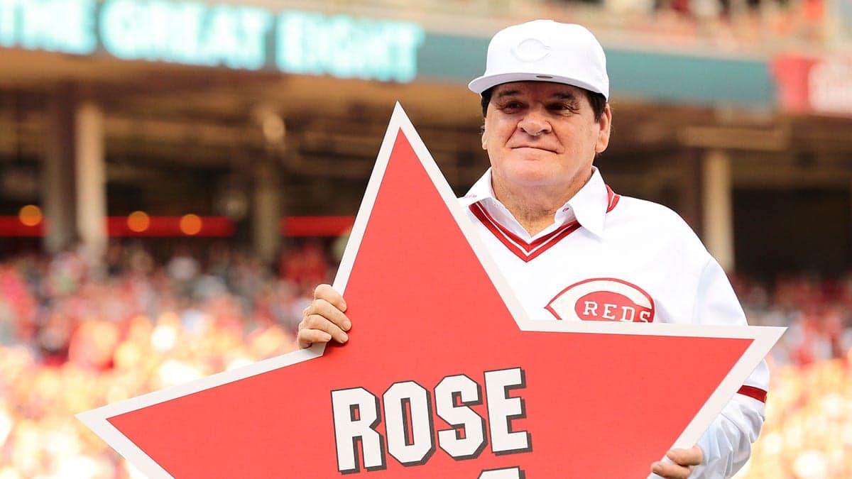 Pete Rose holding a star bearing his name at Great American Ball Park in Cincinnati