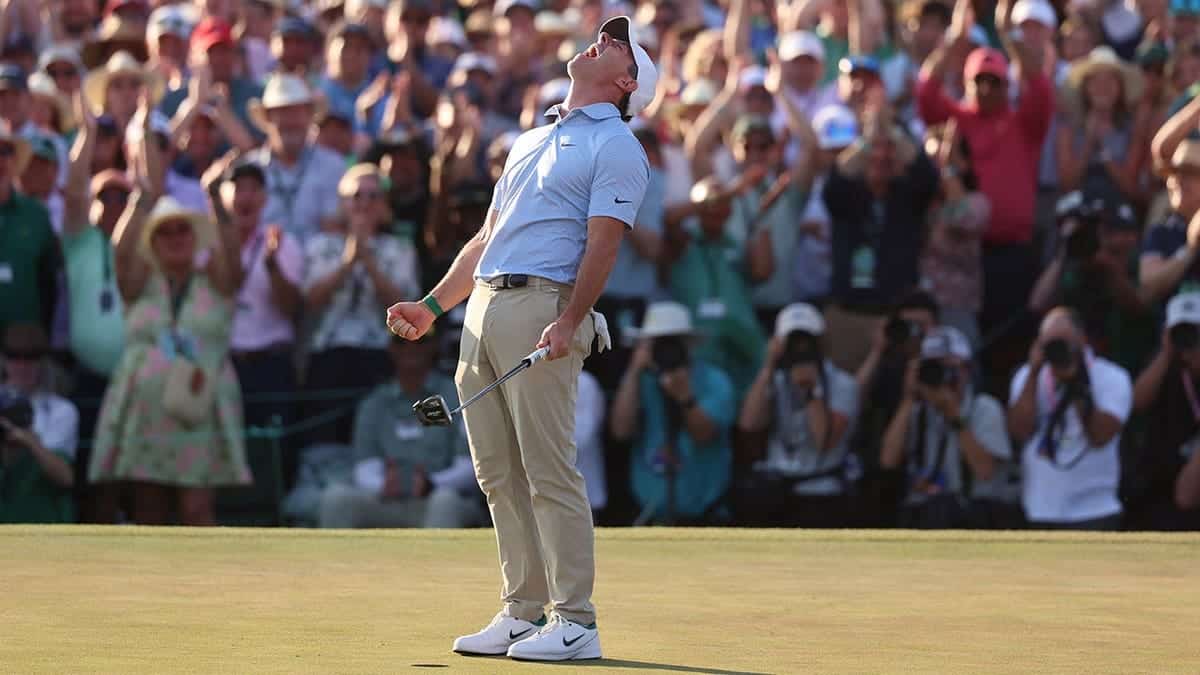 Rory McIlroy celebrating after winning the Masters Tournament at Augusta National Golf Club