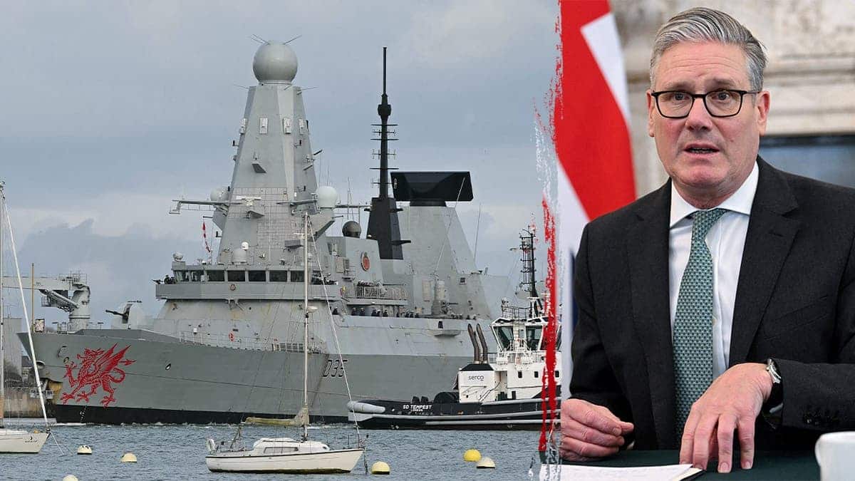 Keir Starmer wearing a suit and glasses while seated at a desk next to a composite image of the HMS Dragon destroyer.