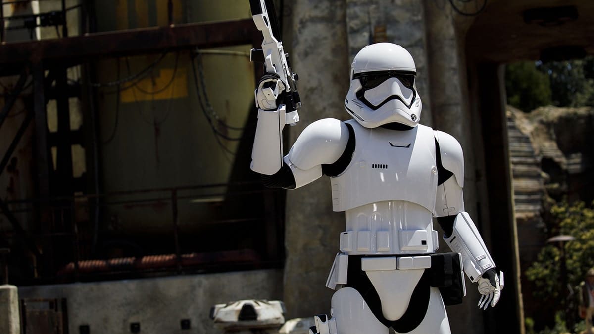A Stormtrooper stands in front of a TIE interceptor during a media preview of Star Wars: Galaxy's Edge at Walt Disney Co.'s Disneyland theme park in Anaheim, California. Photographer: Patrick T. Fallon/Bloomberg via Getty Images