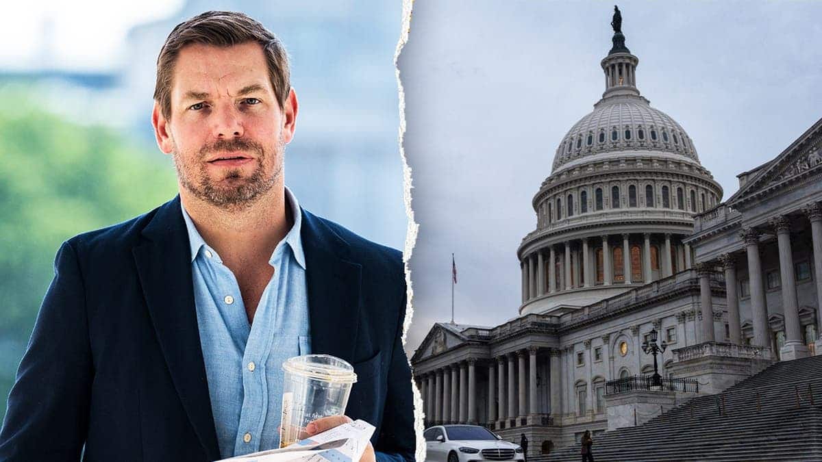 Eric Swalwell, left, pictured alongside the U.S. Capitol building, right