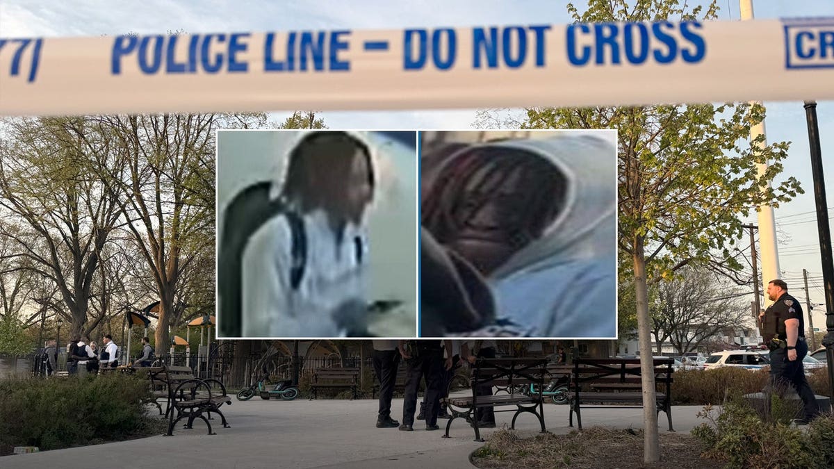Photo of a potential suspect with an image of a crime scene in the background