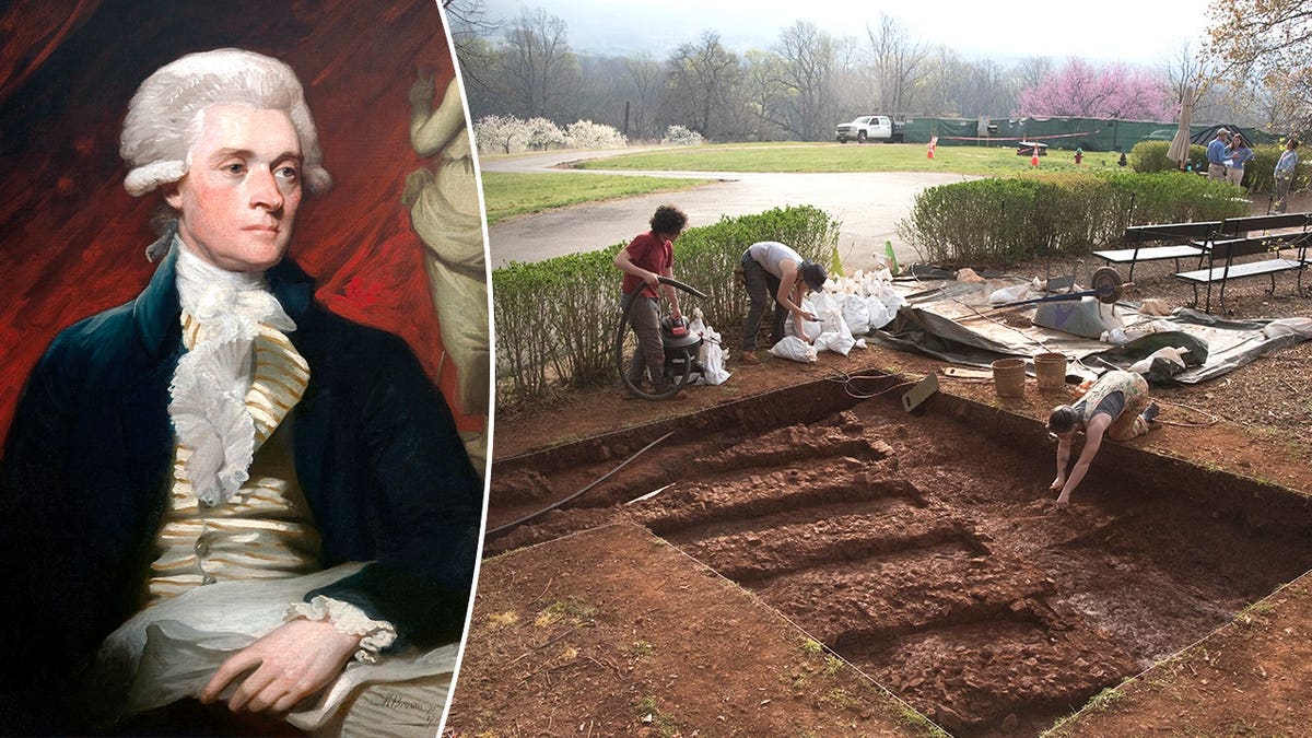 Split image of young Jefferson portrait, brick kiln excavation with archaeologists working