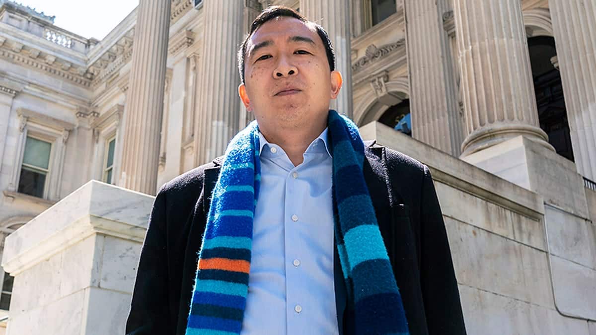 Mayoral candidate Andrew Yang speaking at a press conference outside Tweed Courthouse in New York City