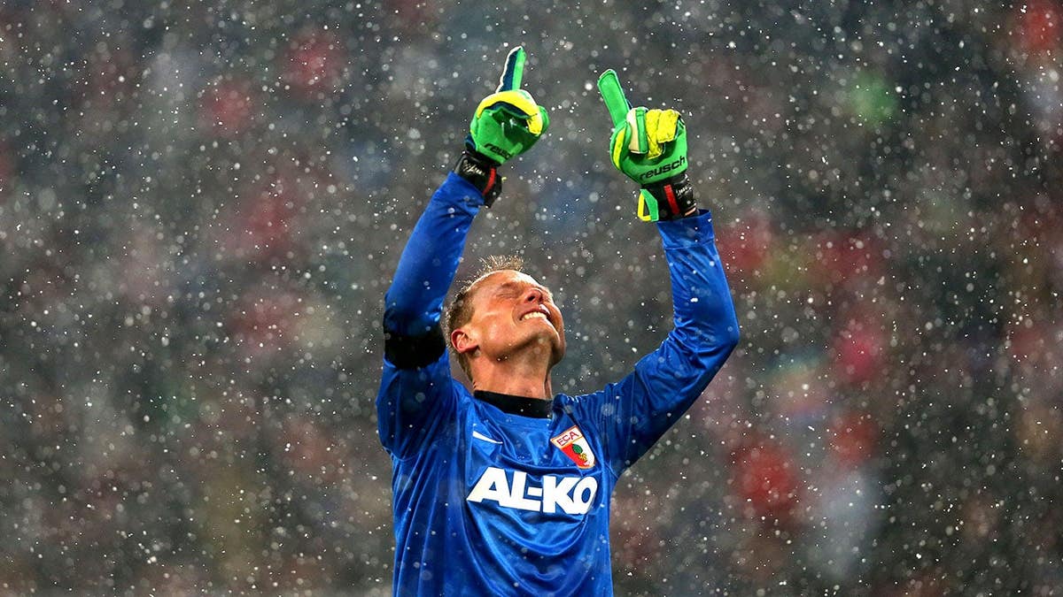 Goalkeeper Alexander Manninger reacting during a Bundesliga match at SGL Arena in Augsburg
