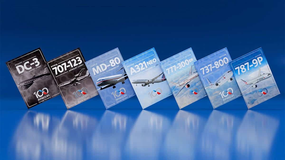 American Airlines aircraft trading cards featuring DC-3, 707-123, MD-80, A321neo, 777-300ER, 737-800, and 787-9 displayed on a blue background.