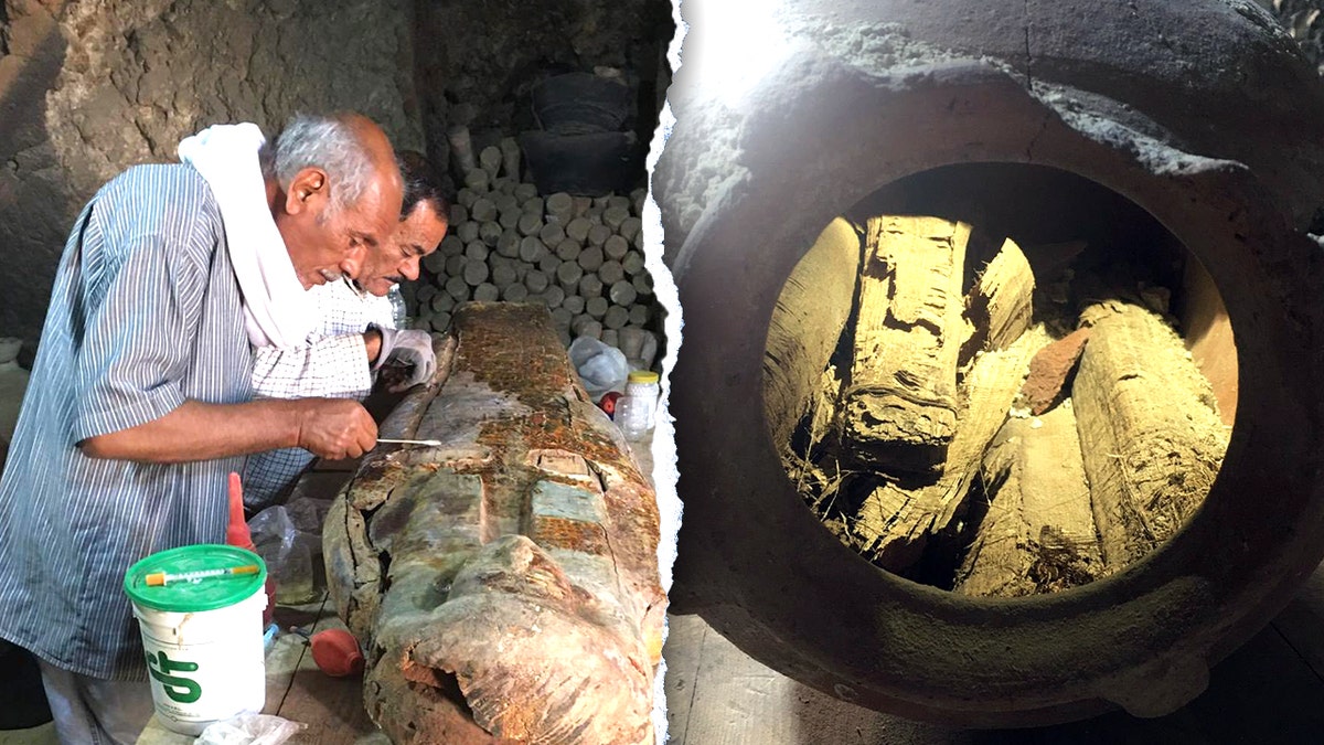 Split image of archaeologists working, bucket of scrolls