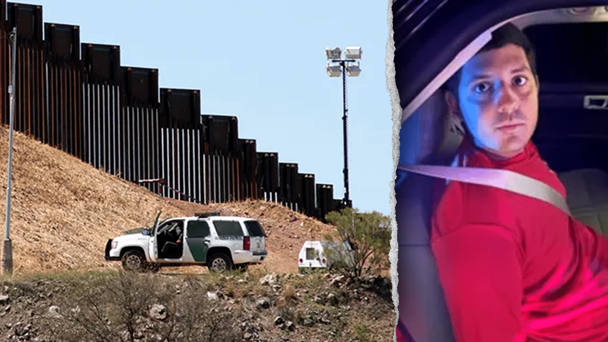 A Border Patrol vehicle beside the border wall in Arizona beside a mugshot of illegal alien Jose Gustavo Angulo Bernal