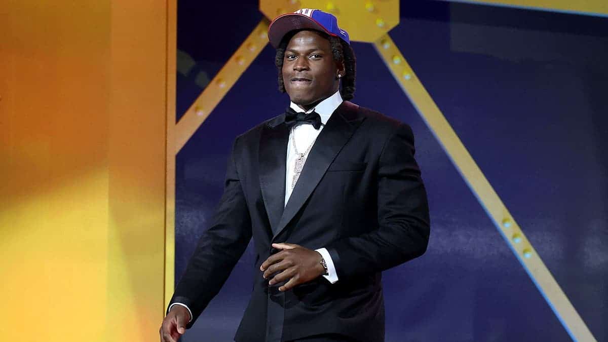 Arvell Reese celebrating after being selected by the New York Giants at the NFL Draft.