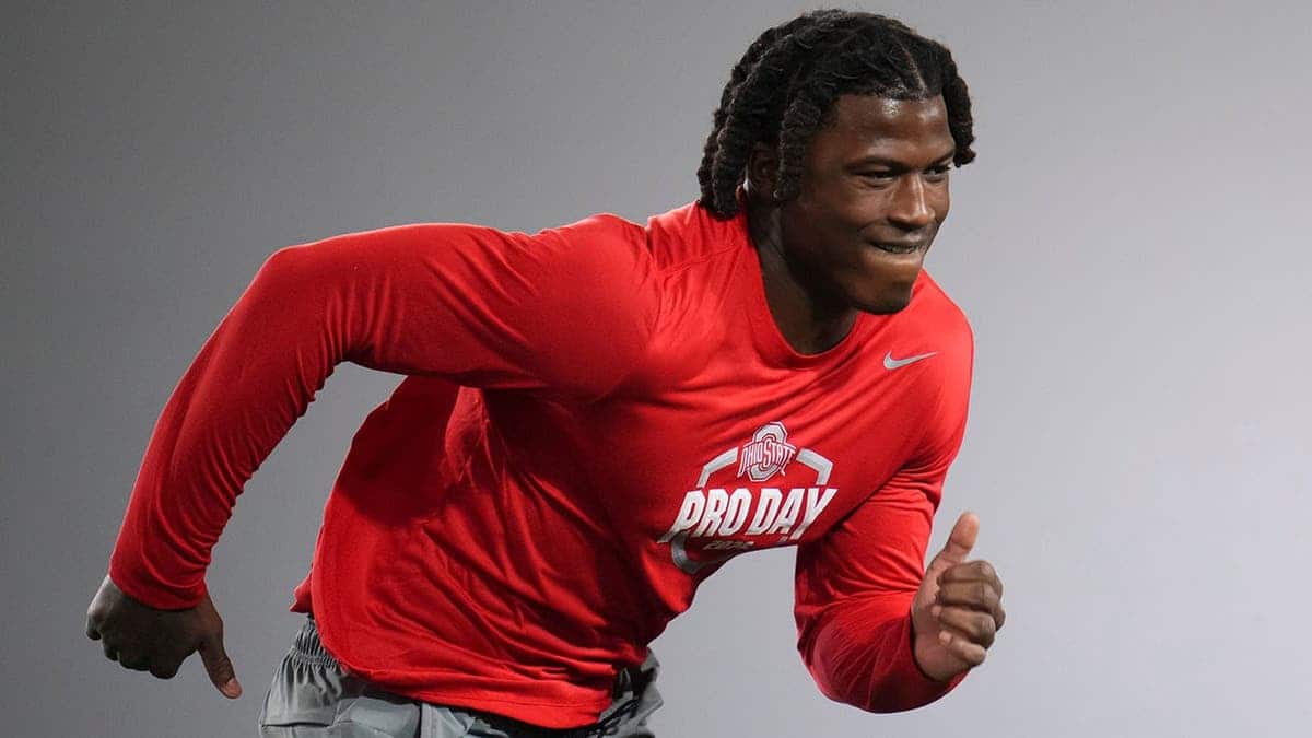 Ohio State Buckeyes linebacker Arvell Reese running during Pro Day at Woody Hayes Athletics Center