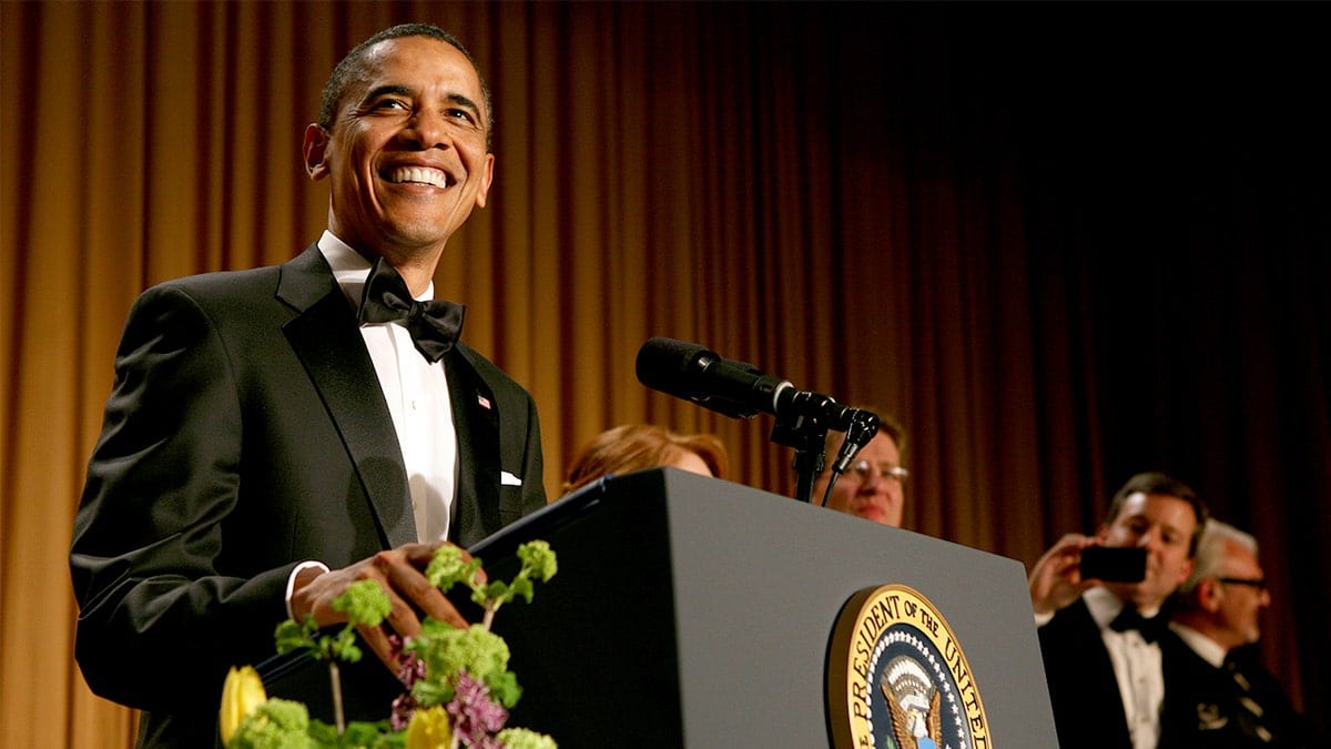 President Barack Obama speaking at the White House Correspondents Association Gala