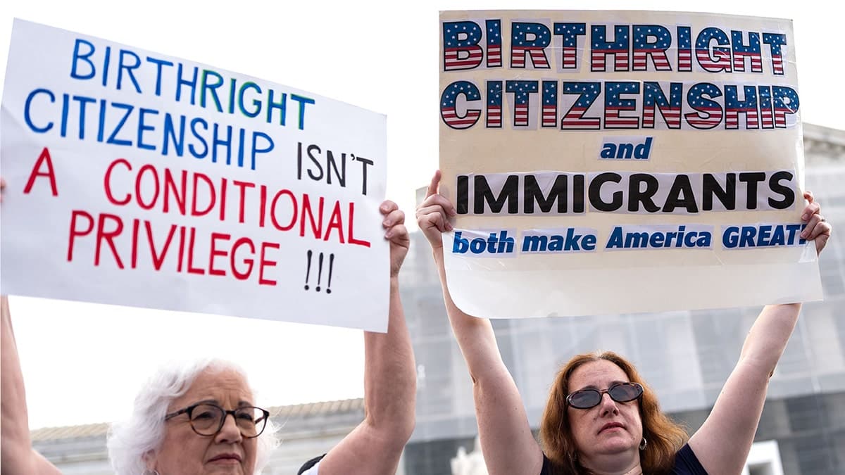 Demonstrators gather outside the Supreme Court in Washington, D.C., in support of birthright citizenship.
