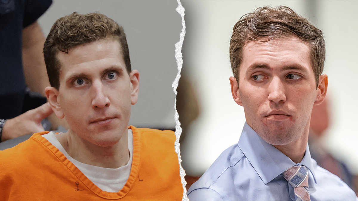 A split image showing convicted Idaho student murderer Bryan Kohberger in a jail jumpsuit on the left and accused Charlie Kirk assassin Tyler Robinson in a shirt and tie on the right