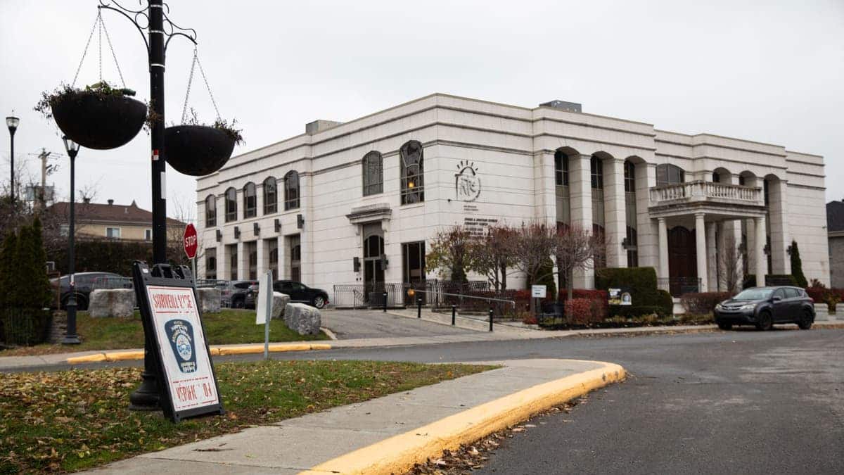 Montreal Torah Center building with police surveillance sign outside in Hampstead Quebec