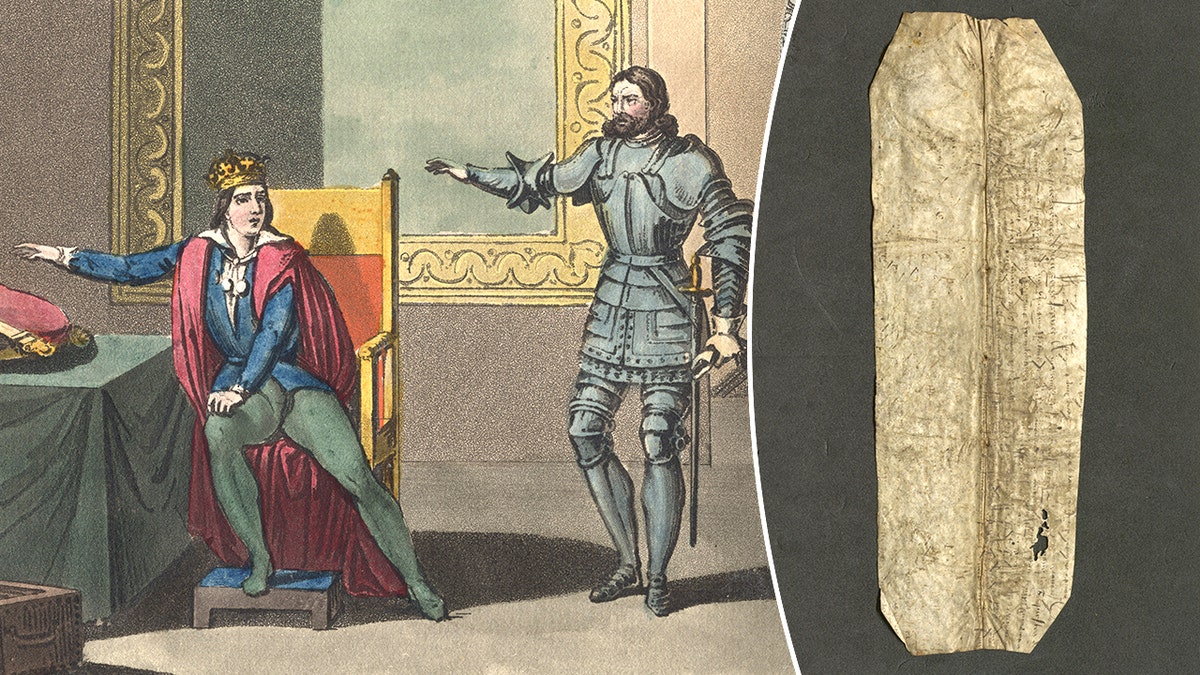 Split image of portrait of Louis XI and soldier, medieval letter
