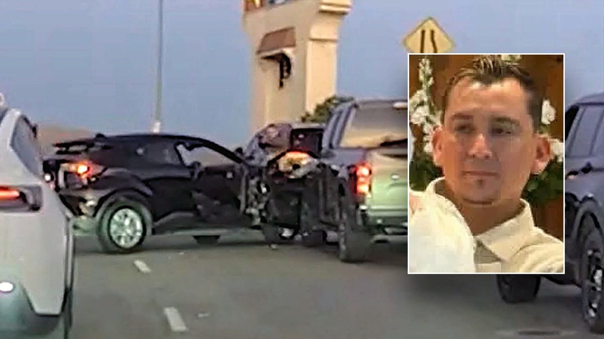 split photo of Carlos Ivan Mendoza Hernandez and car accident scene