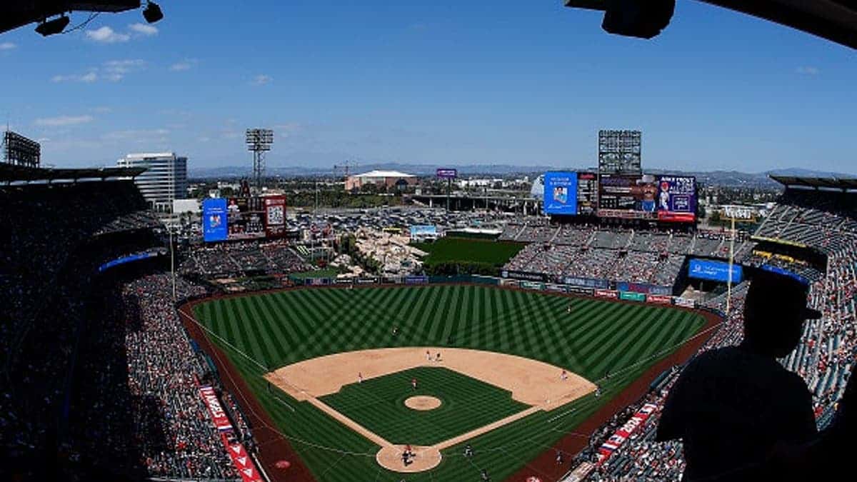 A general view of play between the Cleveland Guardians and Los Angeles Angels at Angel Stadium of Anaheim