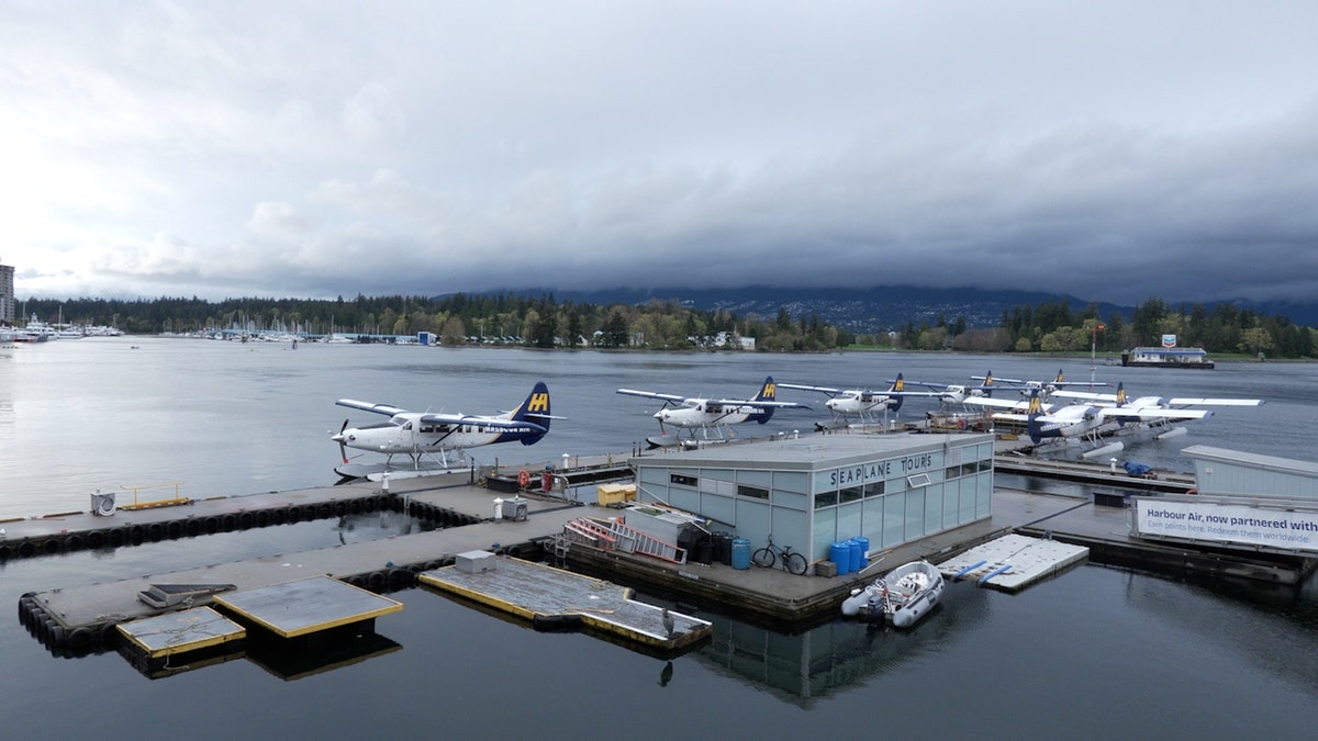 Seaplanes sit docked at Coal Harbour in Vancouver, British Columbia.